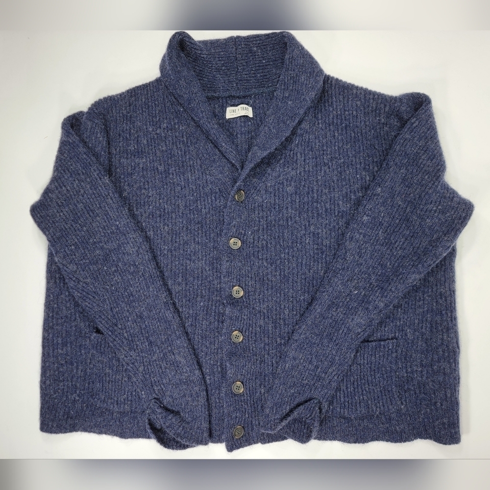 Line Of Trade Cardigan Sweater Mens 2XL XXL Shetland Wool Dark Blue Boxy Big Fit